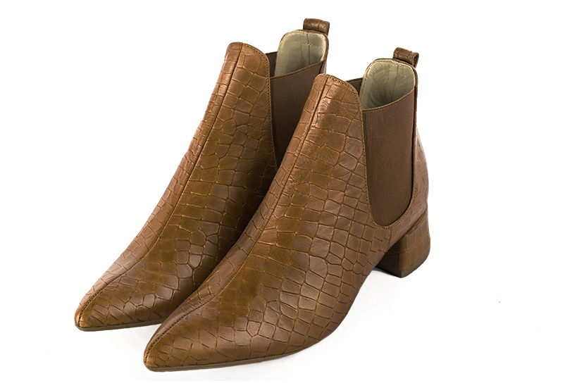Caramel brown women's ankle boots, with elastics. Tapered toe. Low flare heels. Front view - Florence KOOIJMAN